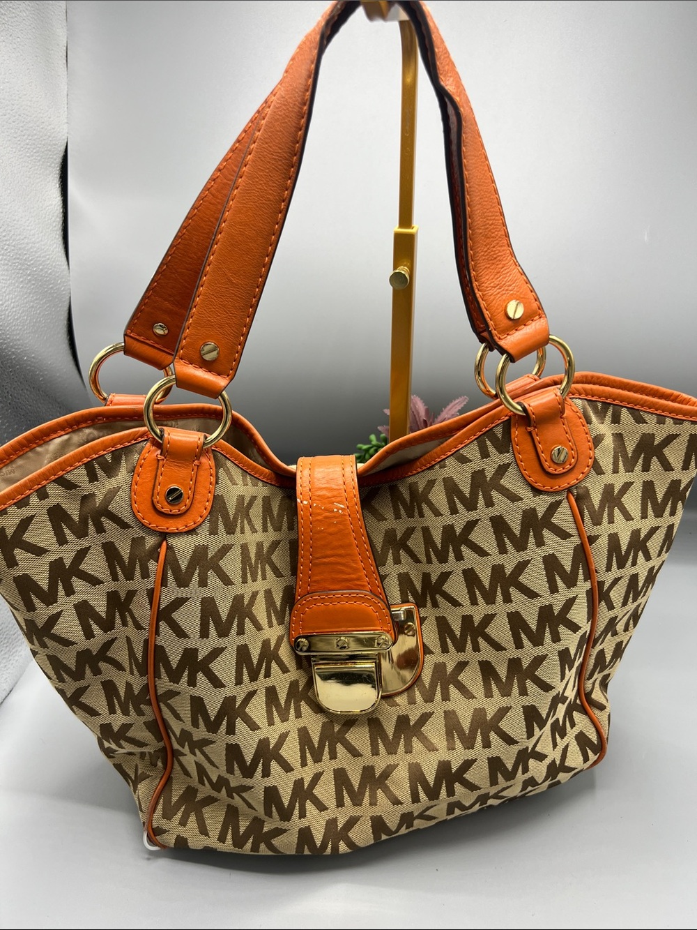 Michael Kors Beige MK Logo Tote with Orange Trim
